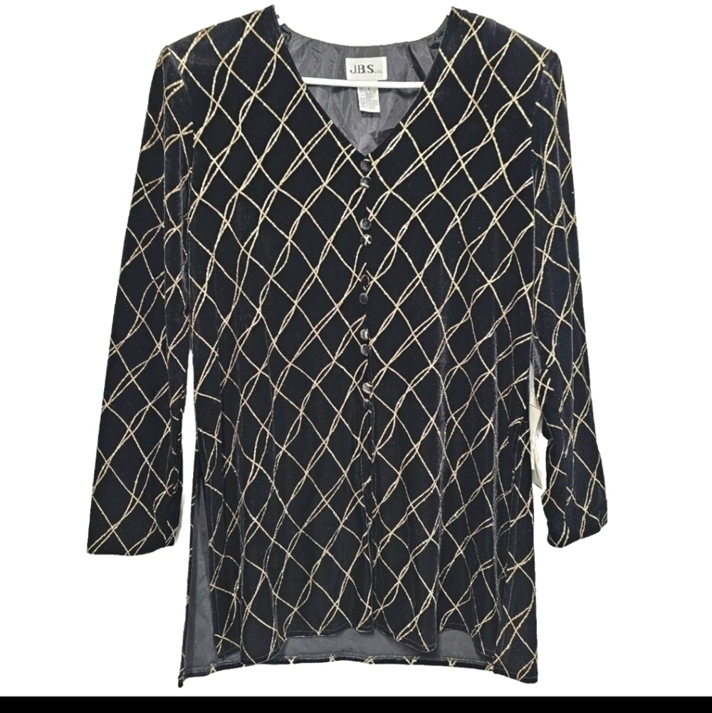 JBS Ltd Size 12 Black Velvet Gold Tunic  Fancy Elegant Evening Formal Top Blouse